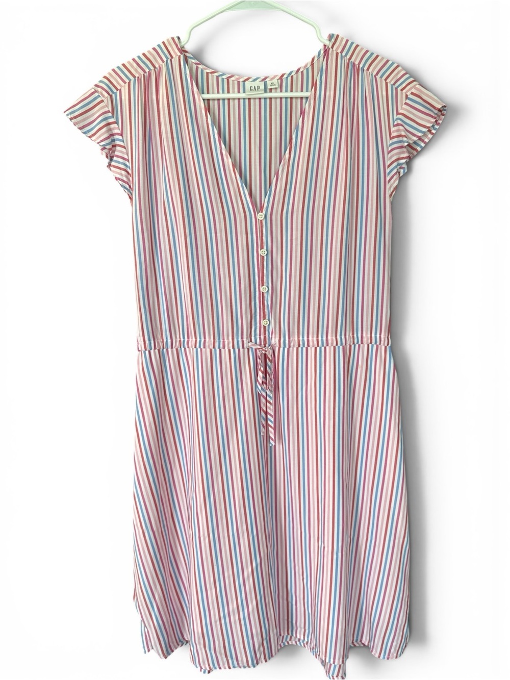 GAP Pink Multi-Stripe V-Neck Tie-Waist Mini Dress - Picture 3 of 7
